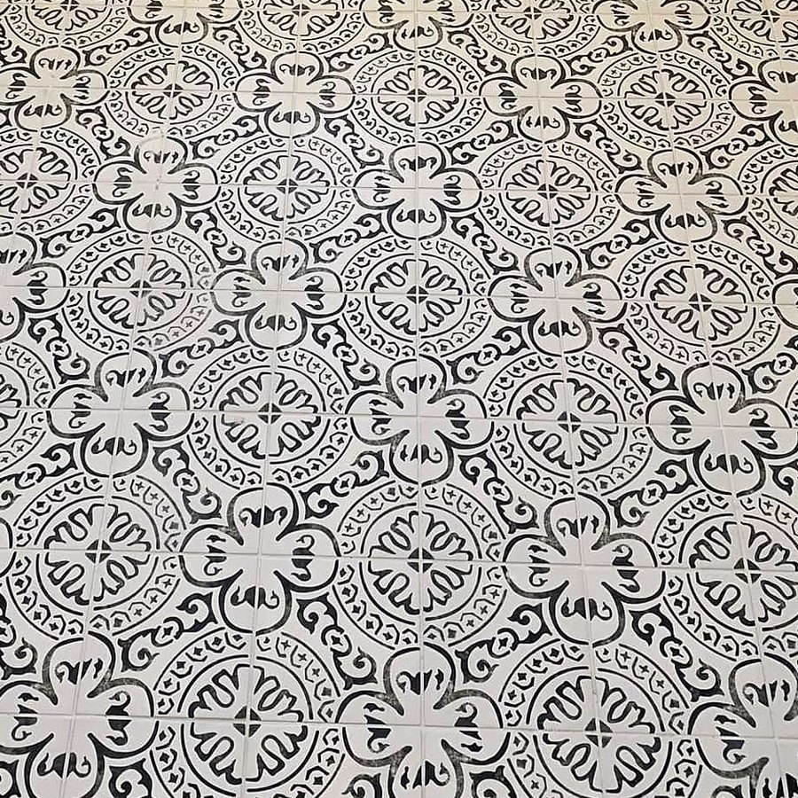 Close-up of black and white patterned floor tile