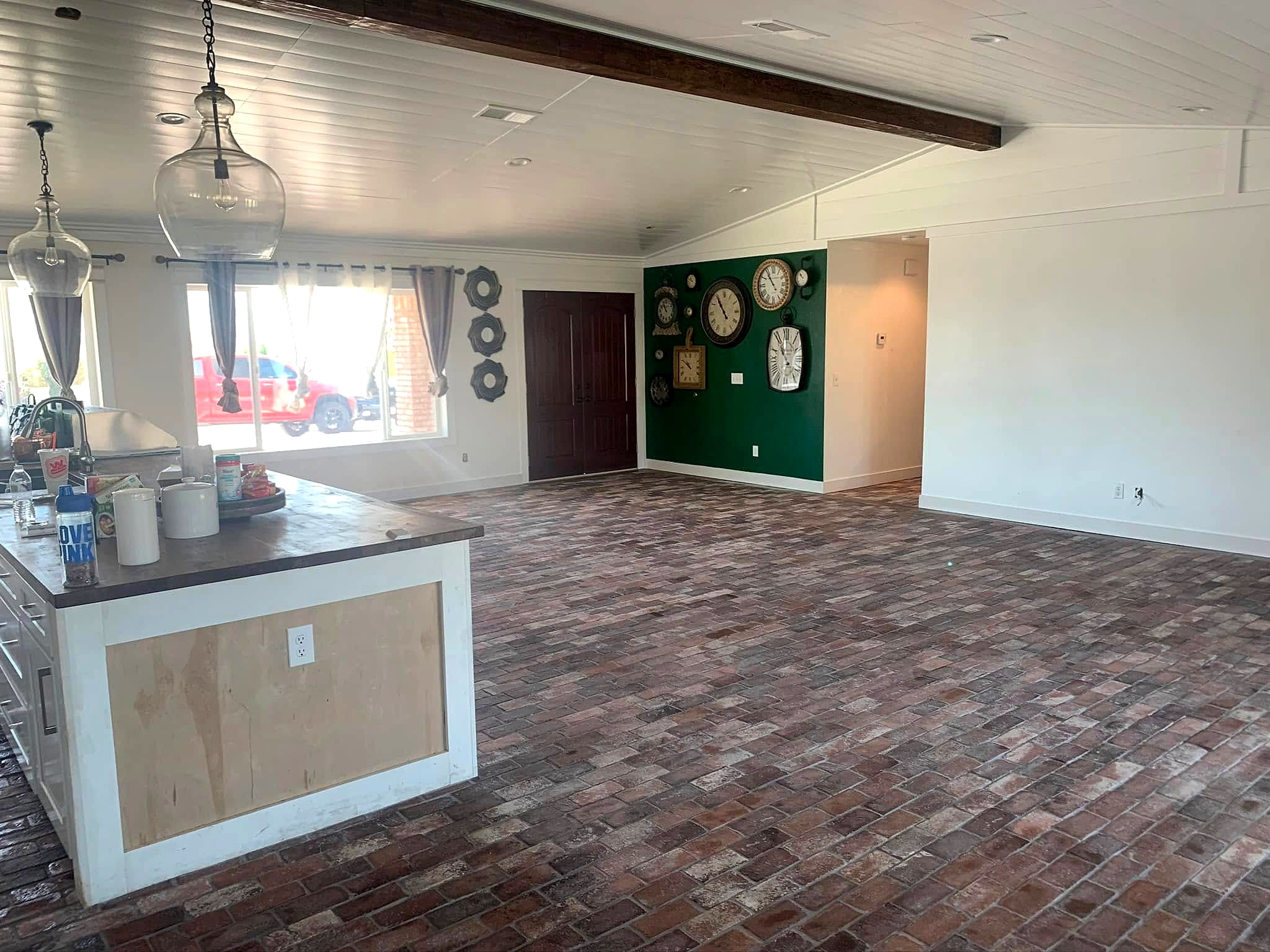 Brick-look tile floor in an open living room